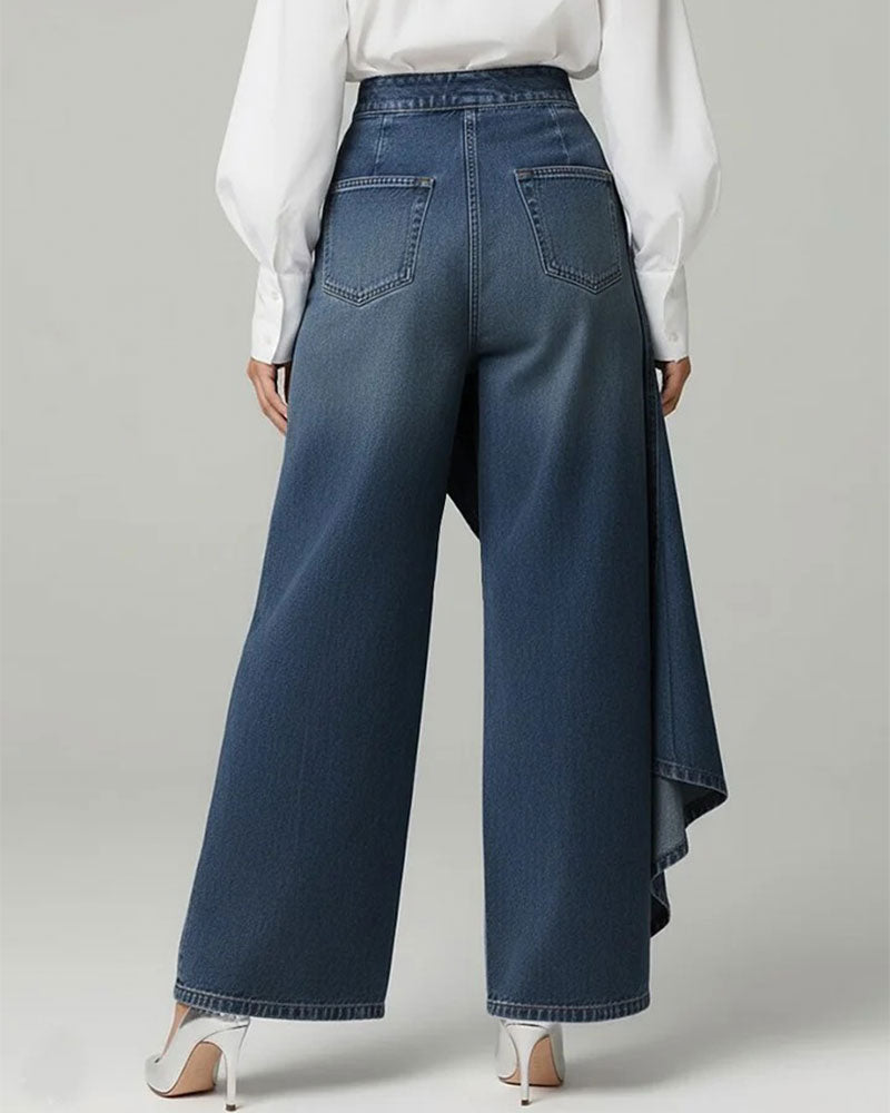 Asymmetrical Wrap Denim Wide-Leg Pants