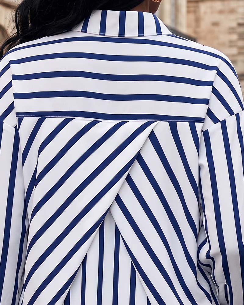 Striped Back Cross Irregular Blouse