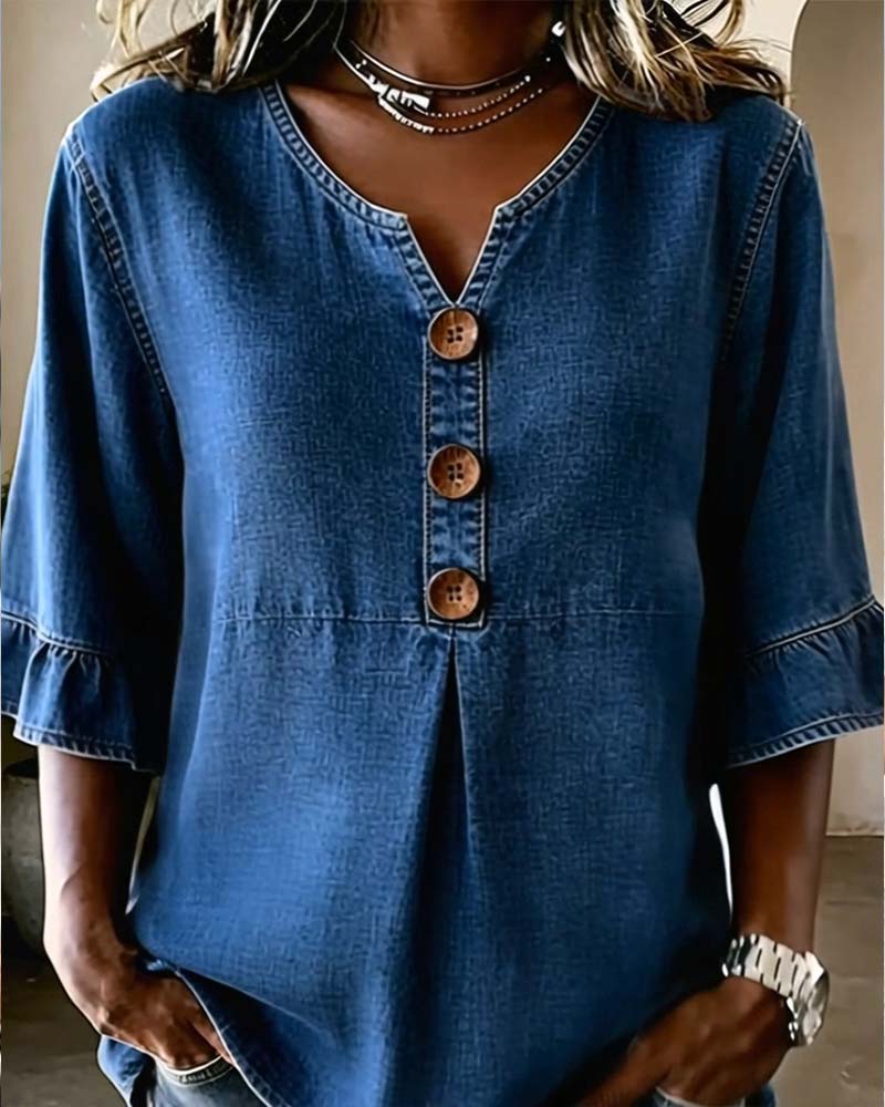 V-Neck Flared Sleeve Denim Blouse