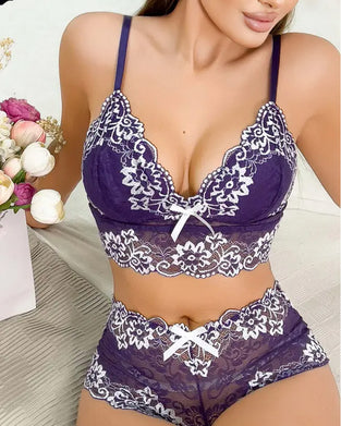 Women's Floral Lace Push Up Bra & Panty Two-Piece Set