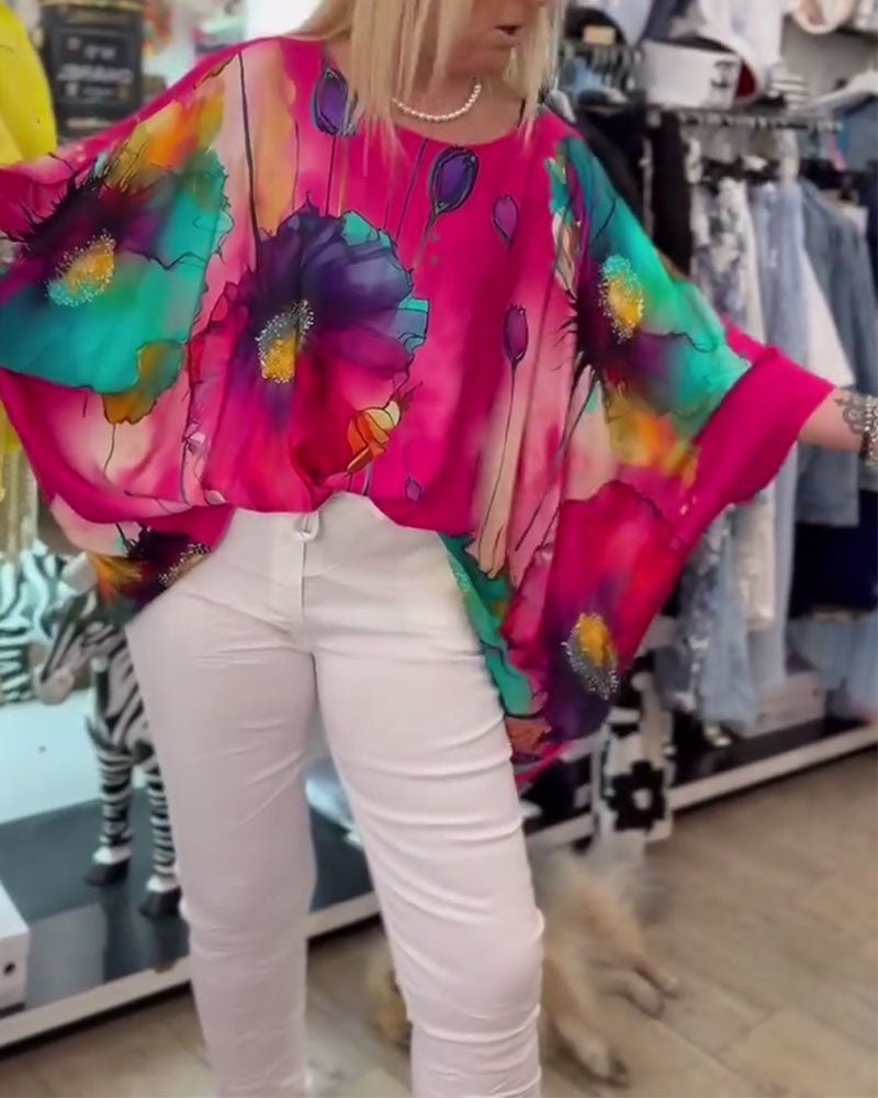 Batwing Sleeve Half Sleeve Print Blouse