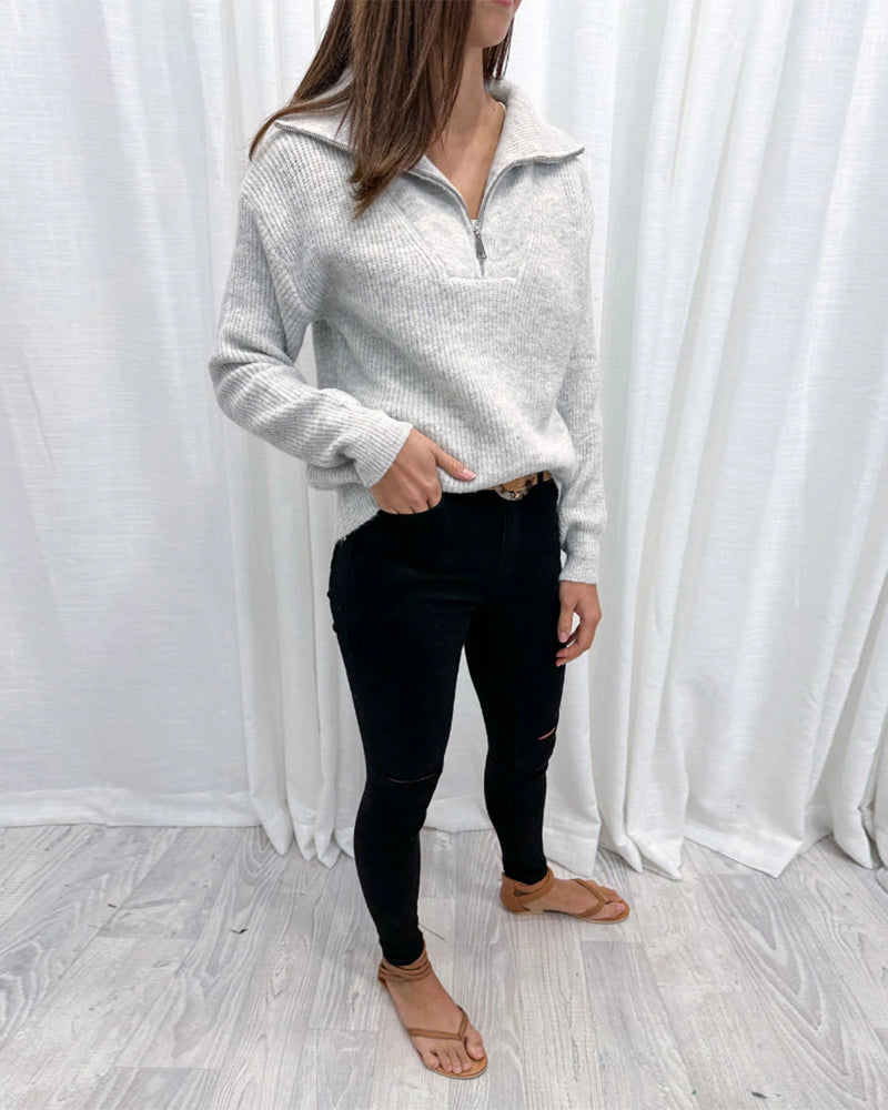 Lapel zipper solid color casual sweater