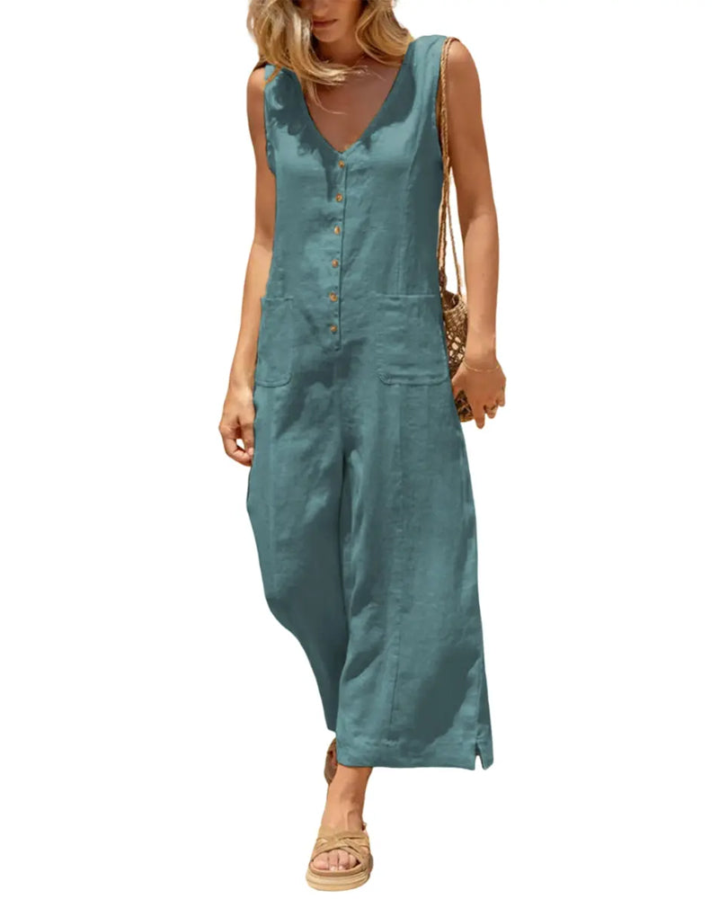 V-Neck Single-Breasted Sleeveless Jumpsuit