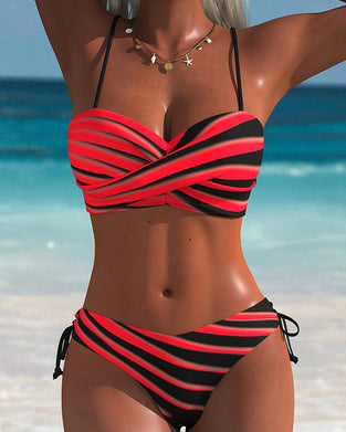Cross-Pleat Striped Bikini