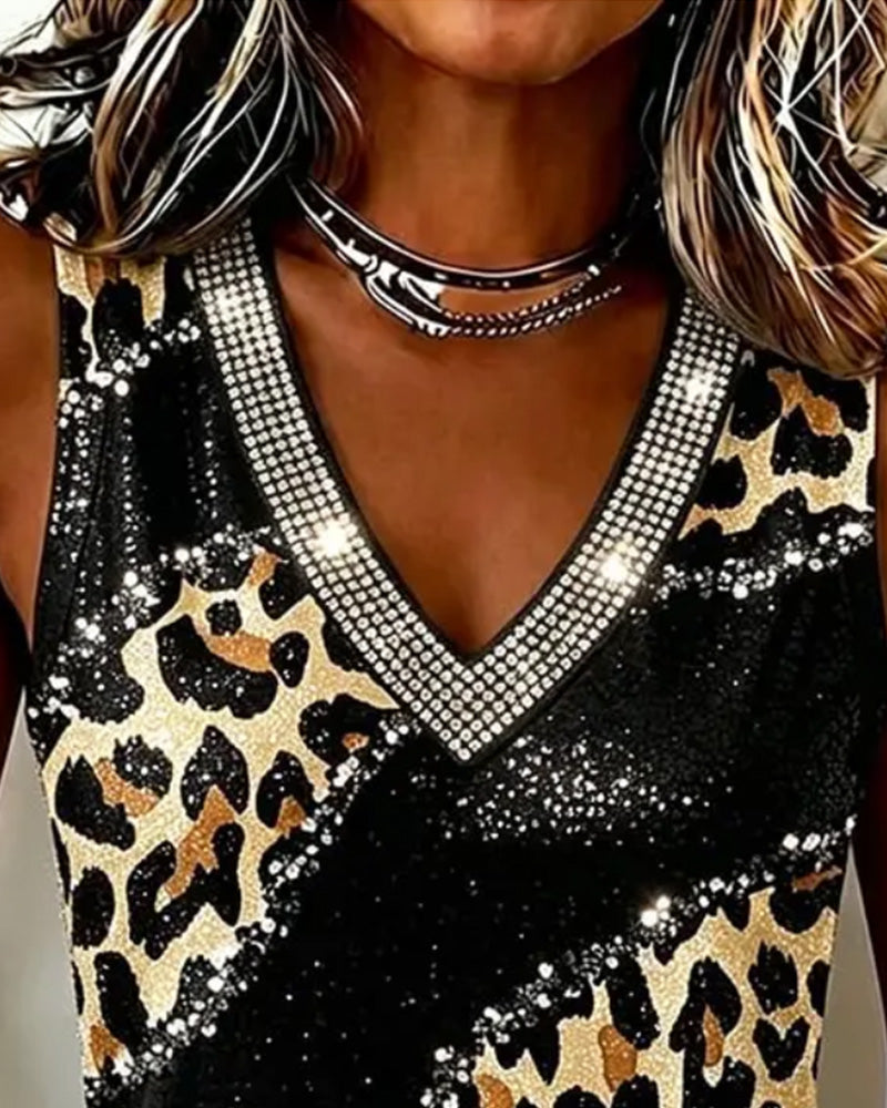 Color-Blocked V-Neck Leopard Print Vest