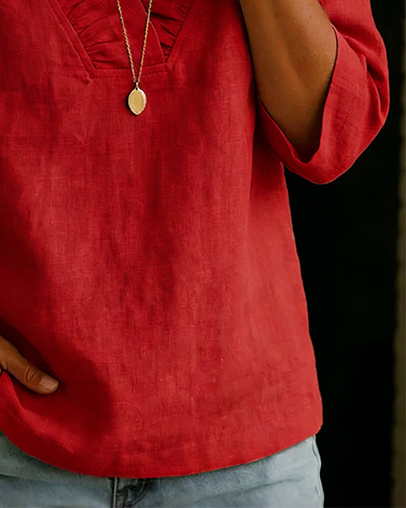 100% Cotton Ruffle V-Neck Three-Quarter Sleeve Blouse