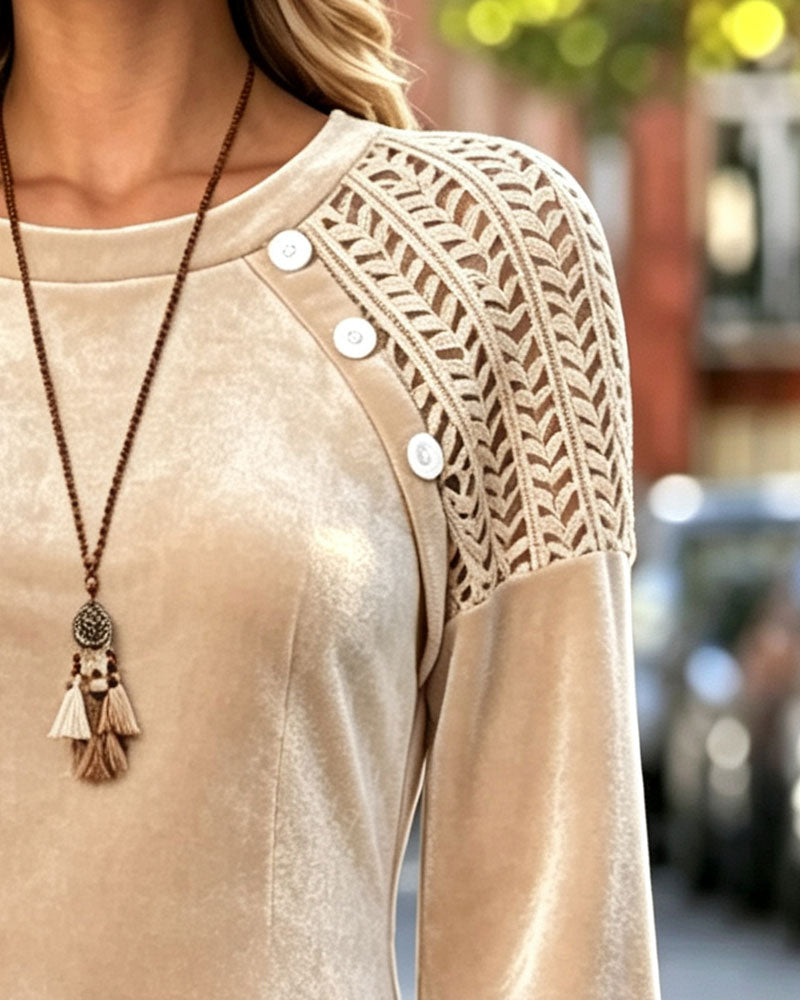 Crewneck Button Cut-Out A-Line Dress