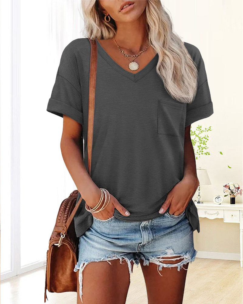 Solid color pocket V-neck short-sleeve T-shirt