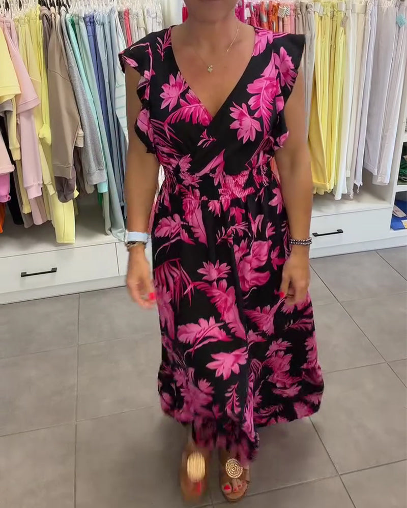 Tropical Floral V-Neck Fitted Waist Long Dress