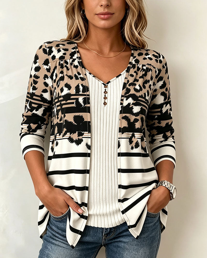 V-Neck Striped Leopard Print Fake Two-Piece Top