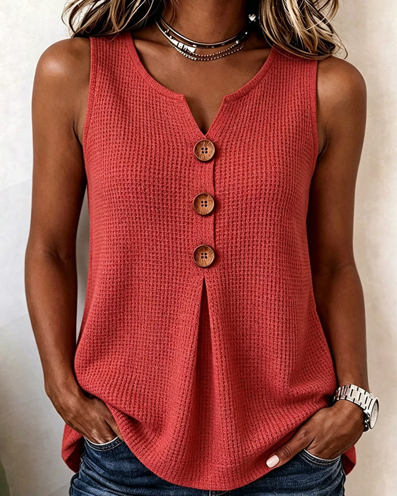 Sleeveless Small V-Neck Waffle Solid Tank Top