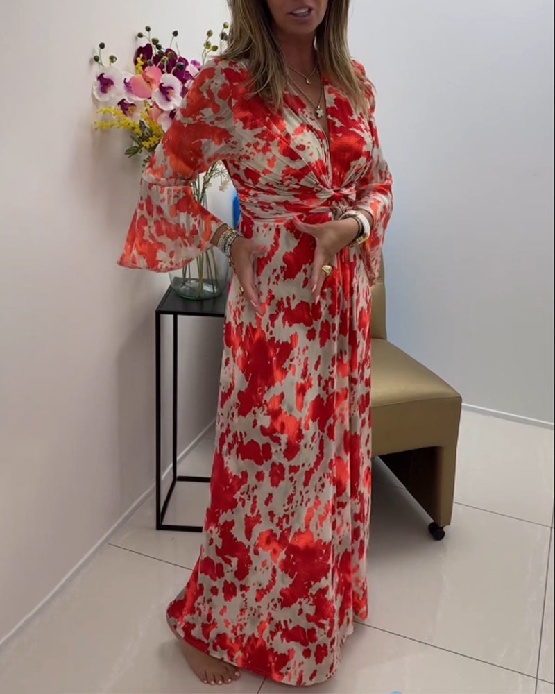 Fashionable printed deep V knitted bell sleeve dress