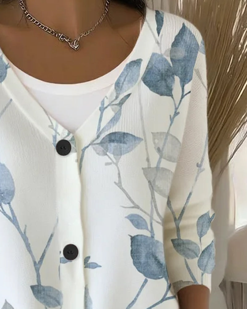 V-Neck Button Leaf Print Pullover