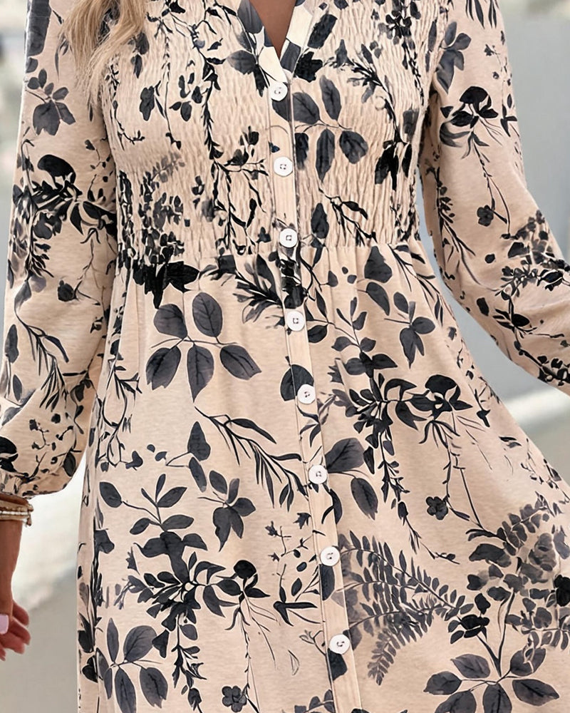 Ink Wash Leaf Waist-Cinching Short Dress