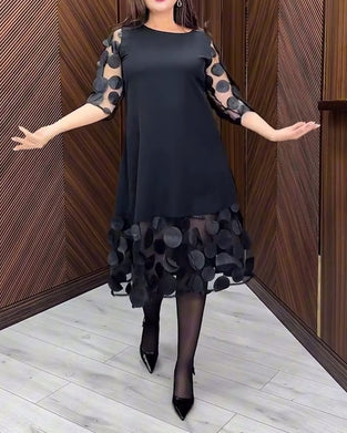 Mesh Stitching Fashionable Round Neck Dress