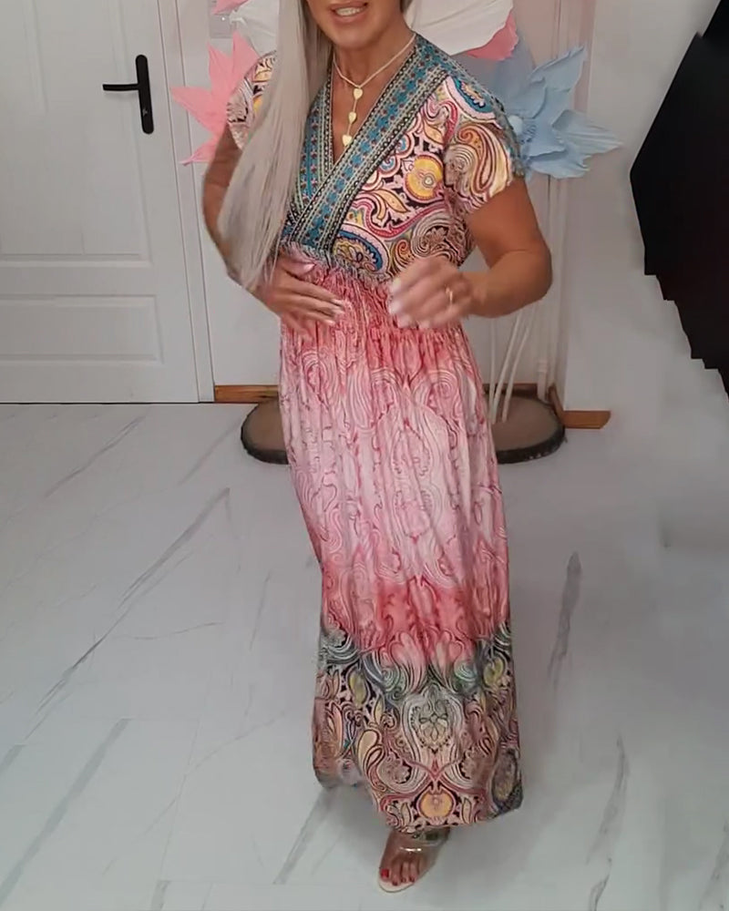 Bohemian V-Neck Waisted Holiday Dress