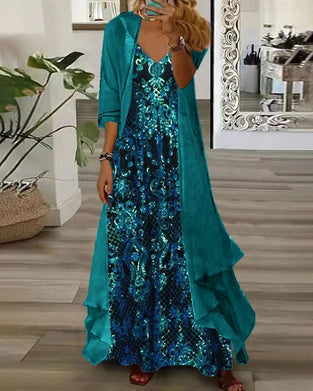 V-Neck Print Irregular Cardigan Set