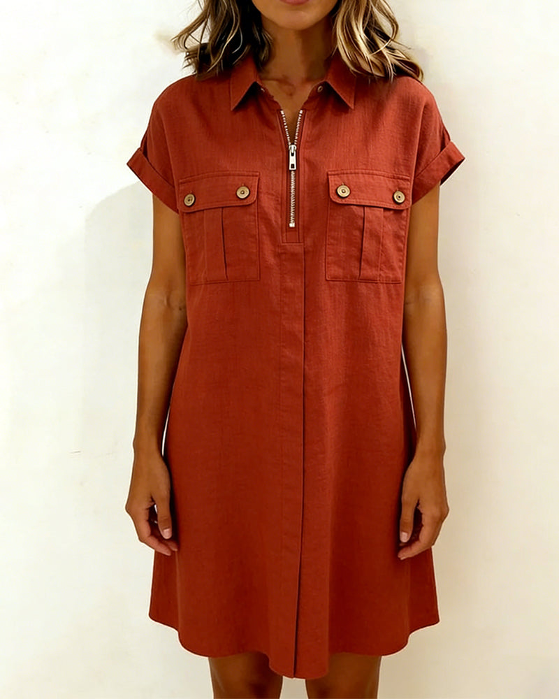 Zipper Pocket Short Sleeve Cotton Linen Dress