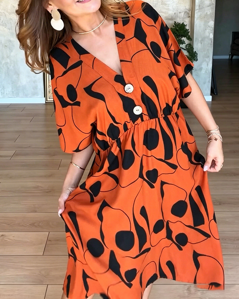 V-Neck Button High Waist Flared Dress