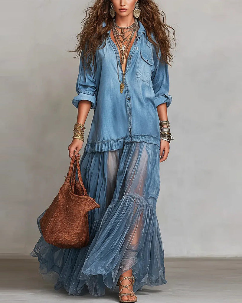 Denim And Mesh Spliced Long Dress