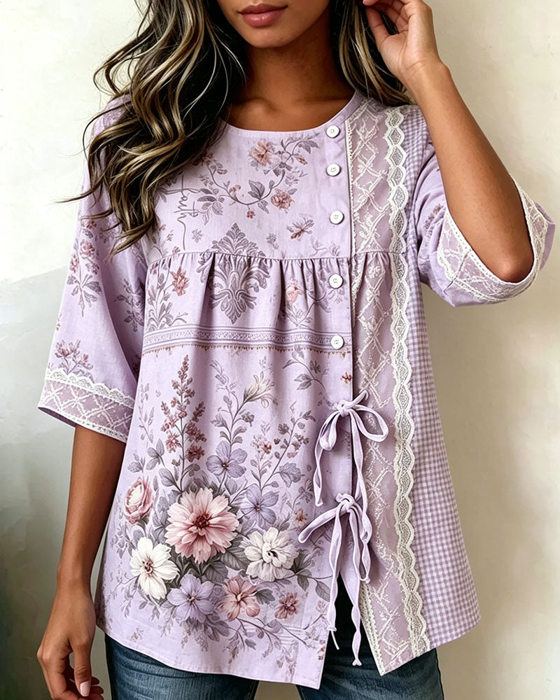 Retro Floral Print Casual Blouse