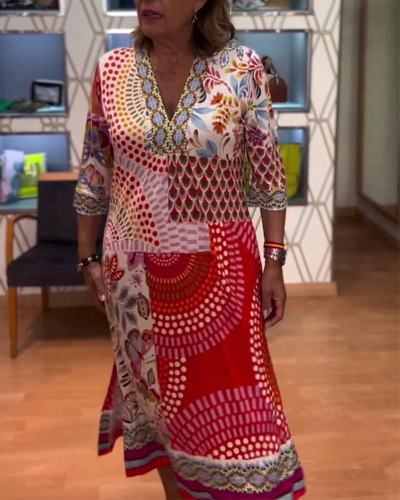 Ethnic Print V-Neck Elbow-Length Sleeve Dress