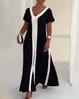Temperament V-Neck Contrast Color Dress
