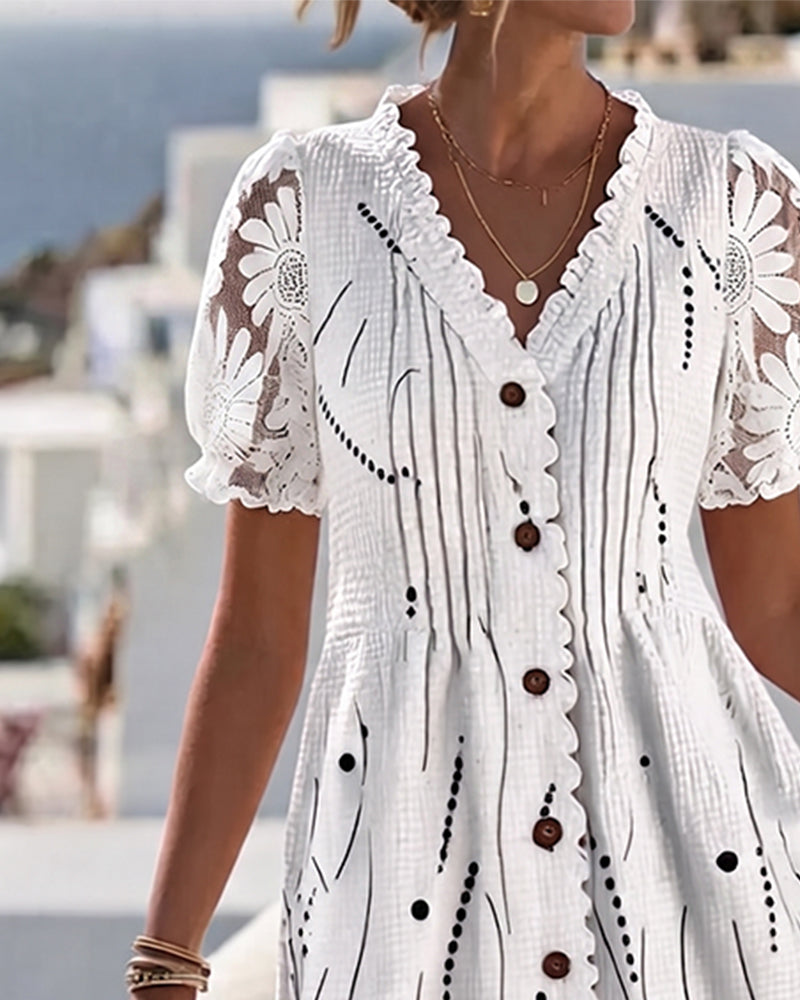 Bubble Sleeve Lace Patchwork Print Dress