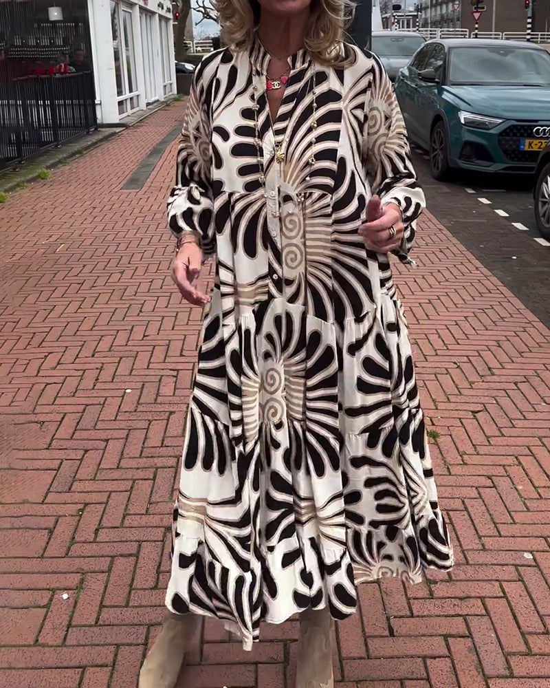 Printed  V neck Flare Sleeve  dress