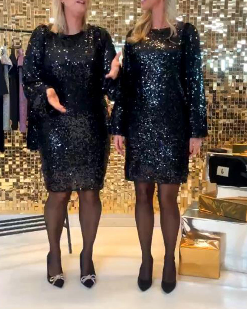 Sequin Long-Sleeve Crew-Neck Dress