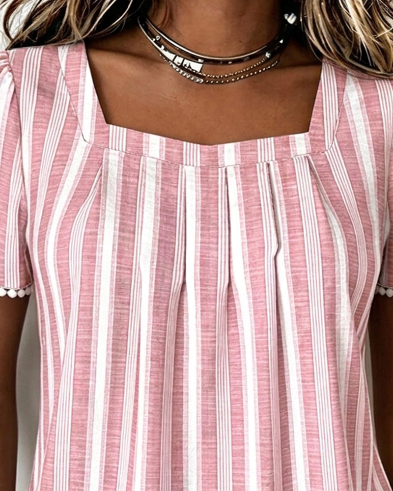 Striped Square-Neck Short-Sleeve Blouse