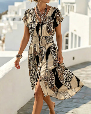 Leopard Print V-Neck Button Waist Dress