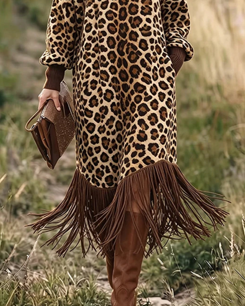 Leopard Print Fringed Lantern Sleeve Dress
