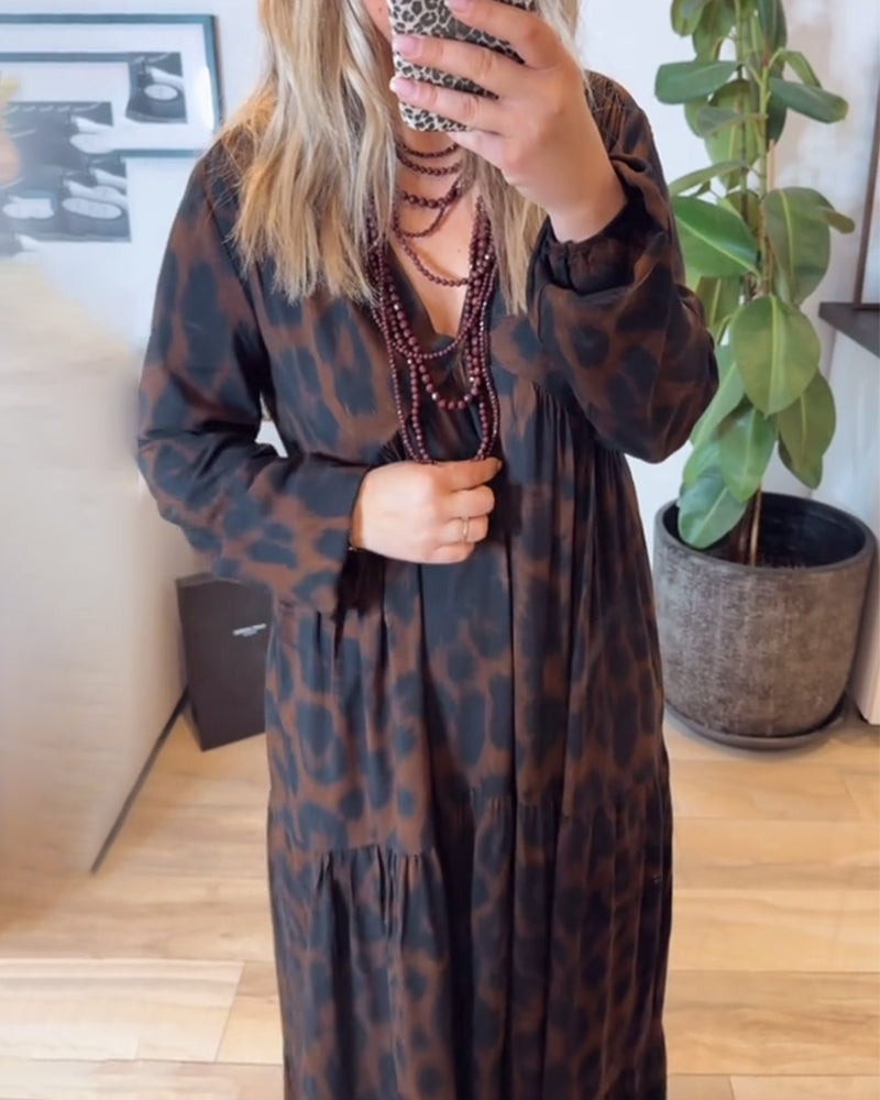 V-Neck Leopard Print Fashion Maxi Dress