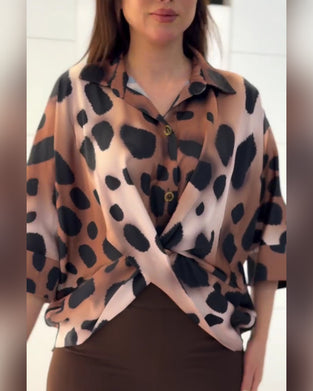 Twist Lapel Leopard Print Blouse
