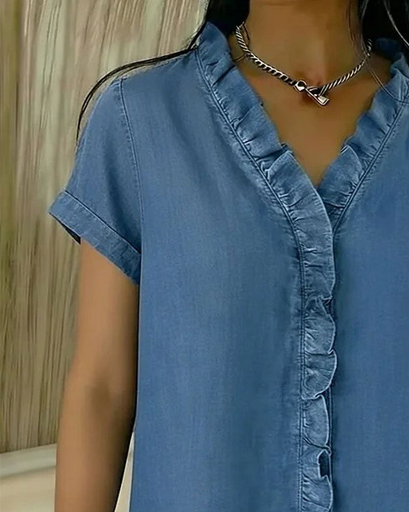Ruffled V-Neck Denim Short-Sleeved Top