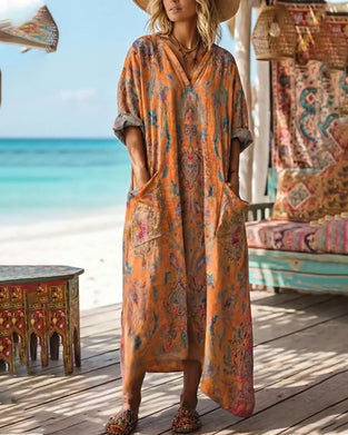 Retro Floral Print V-Neck Maxi Dress