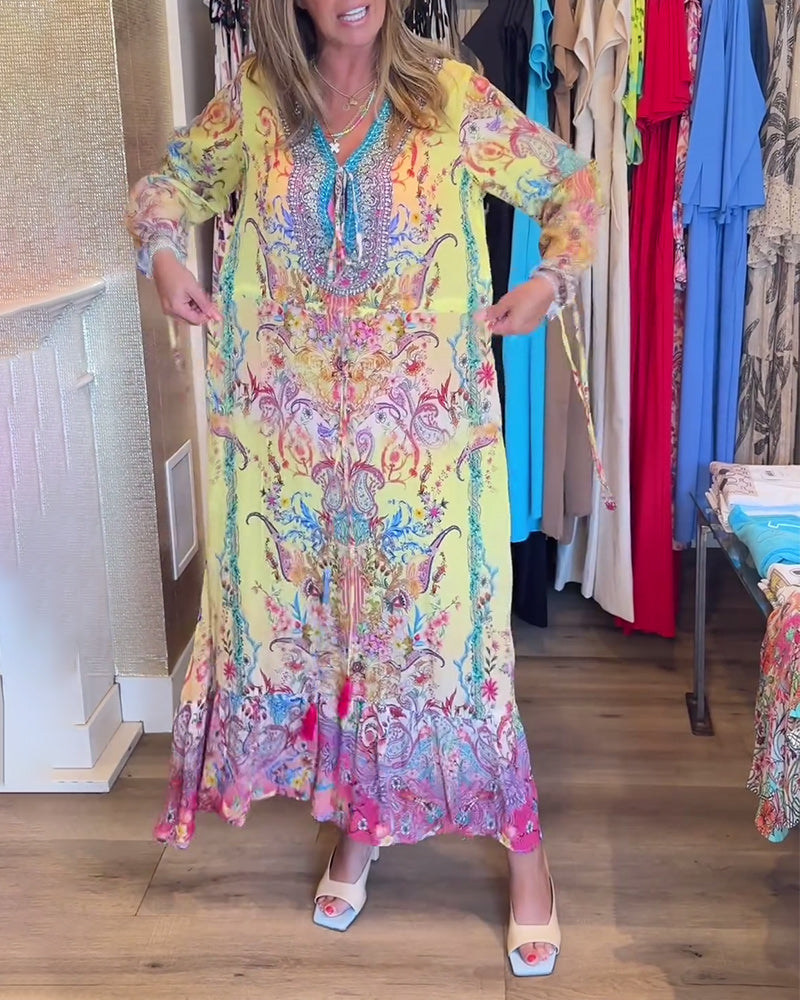 Long sleeve printed resort dress