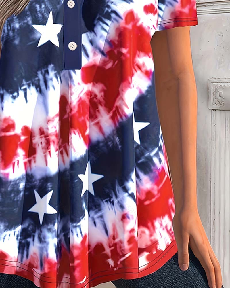 Tie-Dye Henley Short-Sleeve Blouses