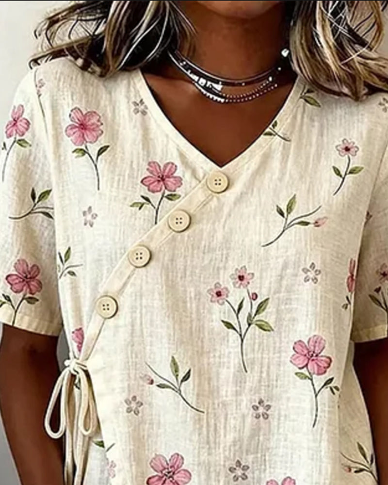 Tiny Floral Diagonal Front Tie Front Blouse