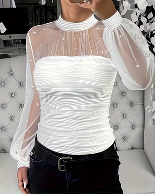 Mock Neck Smocked Sheer Blouse