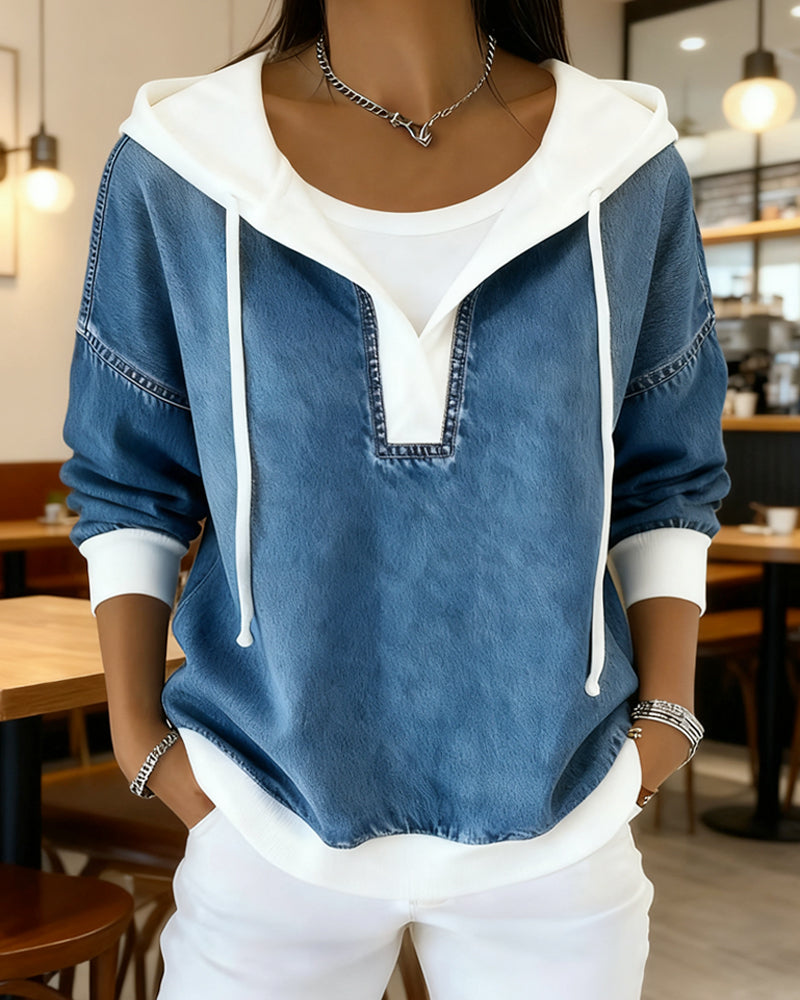 Lace-Up Denim Paneled Hooded Sweatshirt
