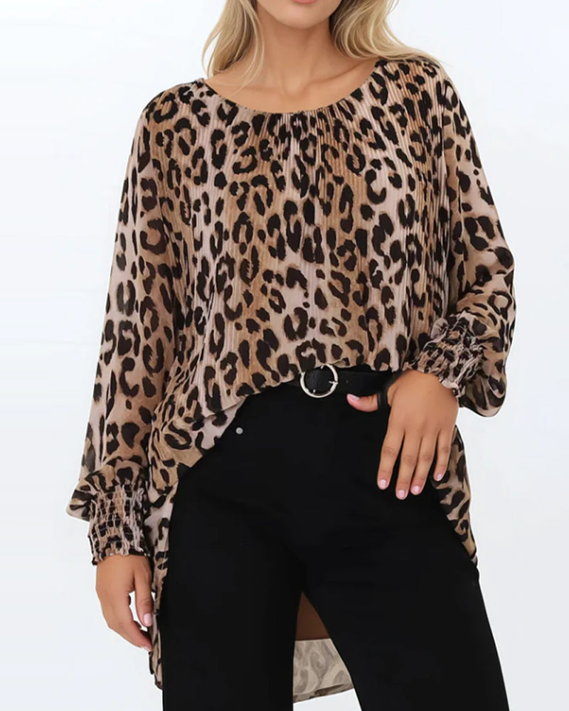 Round Neck Leopard Irregular Lantern Sleeve Blouse
