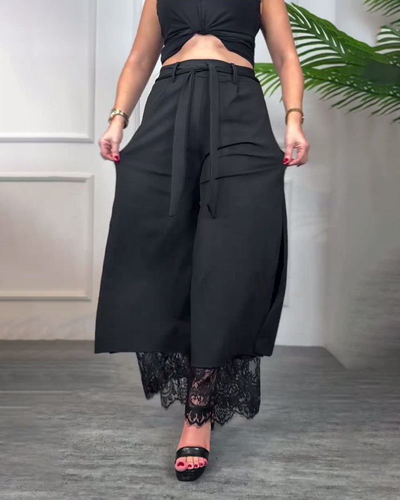 Lace-Trimmed Slit Trousers