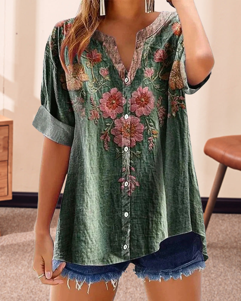 Fashion Printed V-Neck Blouse
