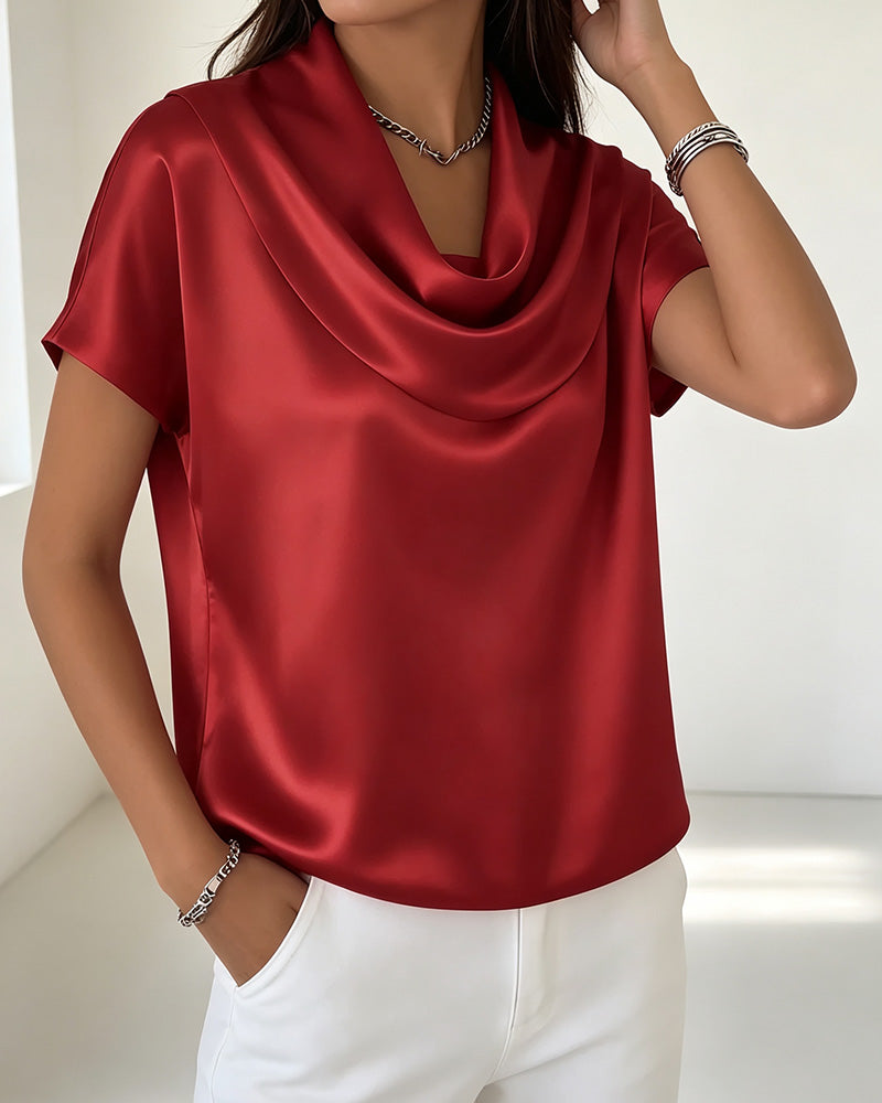 Solid Draped Collar Blouse