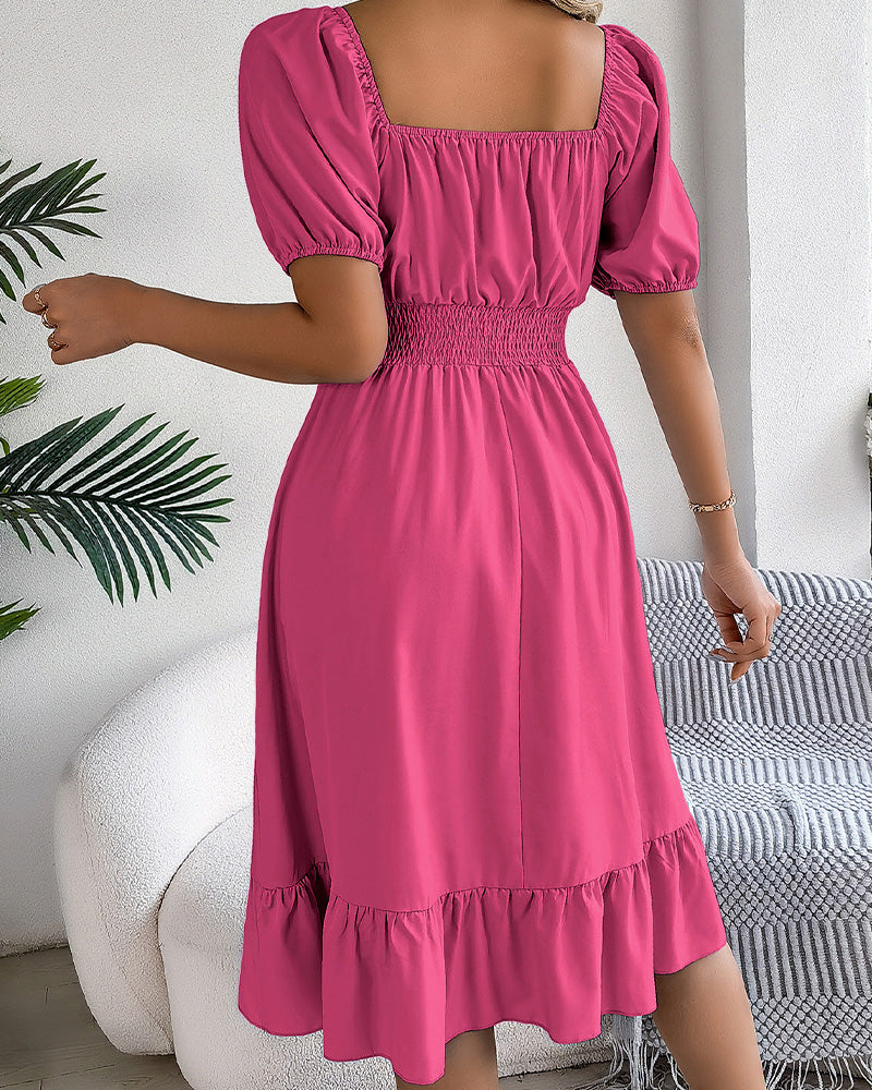 Square Neck Cinched Waist Ruffle A-Line Dress