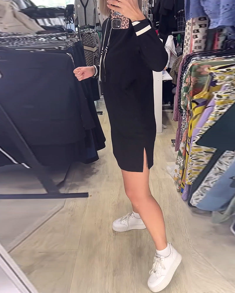 Casual stand collar long sleeve drawstring dress