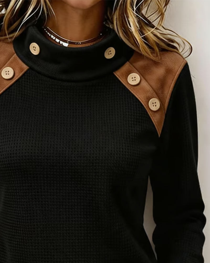 Shoulder Button Spliced Mock Neck Sweatshirt