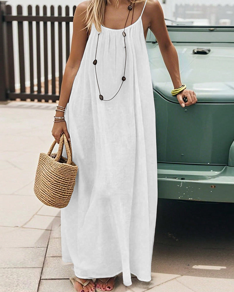 Solid Color Shirred Backless Spaghetti Strap Maxi Dress